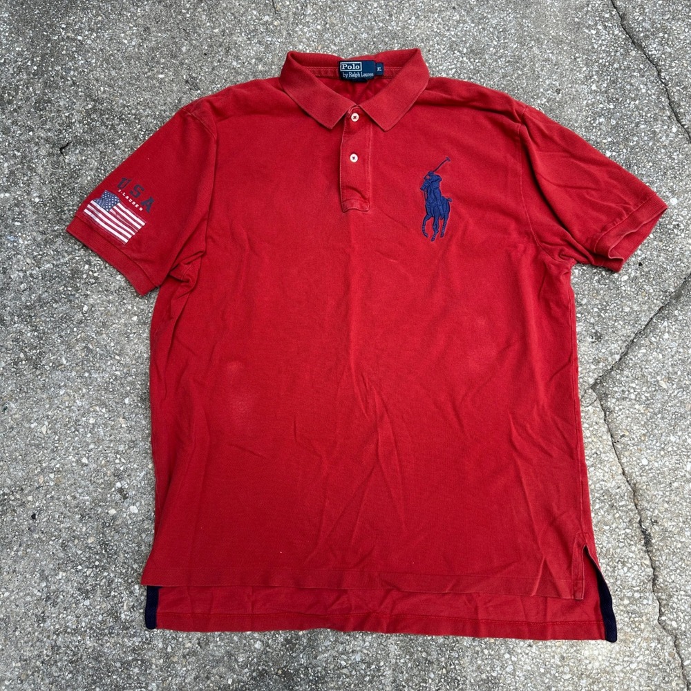 Polo Ralph Lauren Mens XL Red Big Pony USA Flag Short Sleeve Polo Shirt